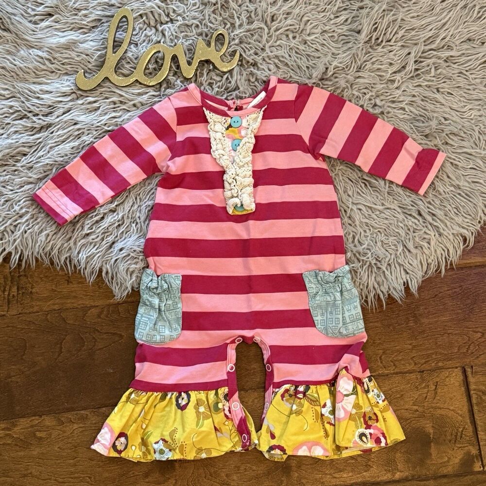 Peaches N Cream Baby Girls Romper Jumpsuit Flare Bottom Size 3-6 Months Striped
